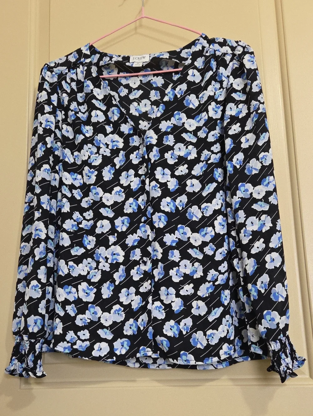 J. Crew Women's Black Floral V-Neck Long-Sleeve Blouse - Blue & White Floral